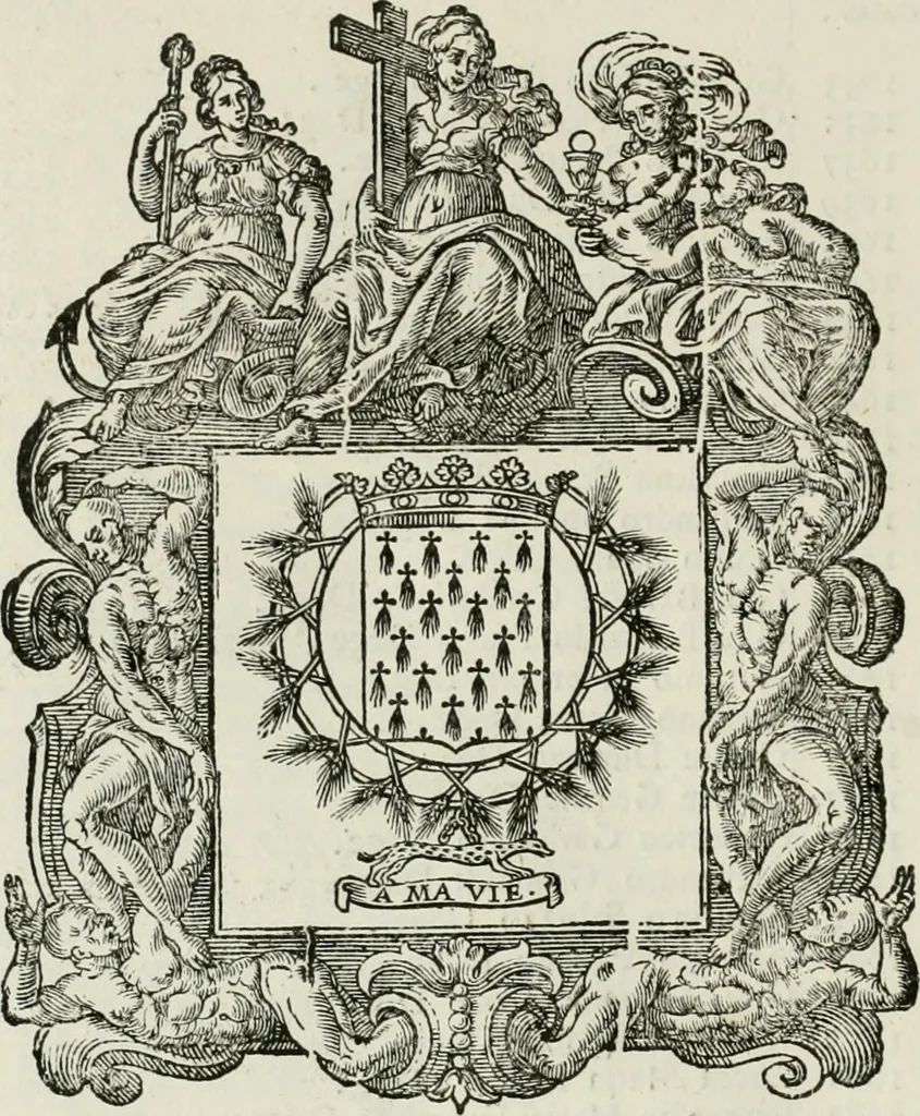 An illustration from Historie cronologiche dell' origine degl' ordini militari e di tutte le religione caualleresche infino ad hora instituite nel mondo : insegne, croci, stendardi, habiti capitolari ò di ceremonia, statuti, e constituzioni di cadaun'ordine : guerre campali e nauali, azioni, fatti celebri, & imprese de caualieri; confederazioni, trattati, paci, & auuenimenti per difesa del Nome Christiano, e propagazione della fede cattolica : serie di tutti i prencipi gran maestri, ordini di dame, e degl' infedeli &c. con le loro diuise, 1692, leaf 329