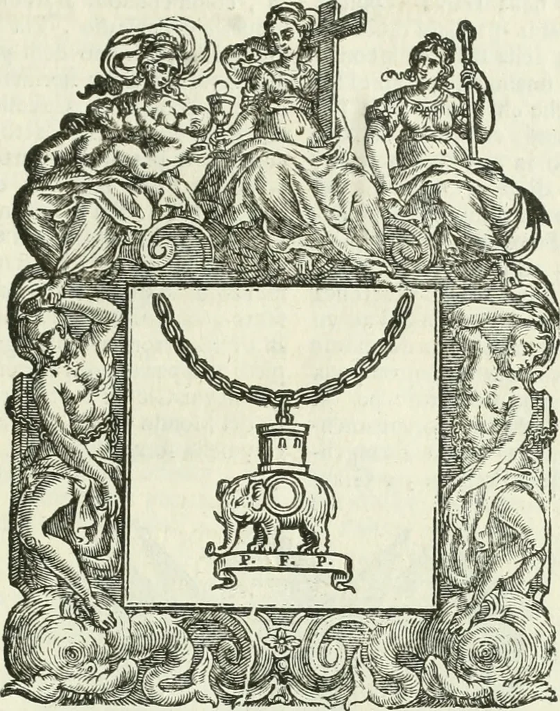 An illustration from Historie cronologiche dell' origine degl' ordini militari e di tutte le religione caualleresche infino ad hora instituite nel mondo : insegne, croci, stendardi, habiti capitolari ò di ceremonia, statuti, e constituzioni di cadaun'ordine : guerre campali e nauali, azioni, fatti celebri, & imprese de caualieri; confederazioni, trattati, paci, & auuenimenti per difesa del Nome Christiano, e propagazione della fede cattolica : serie di tutti i prencipi gran maestri, ordini di dame, e degl' infedeli &c. con le loro diuise, 1692, leaf 334