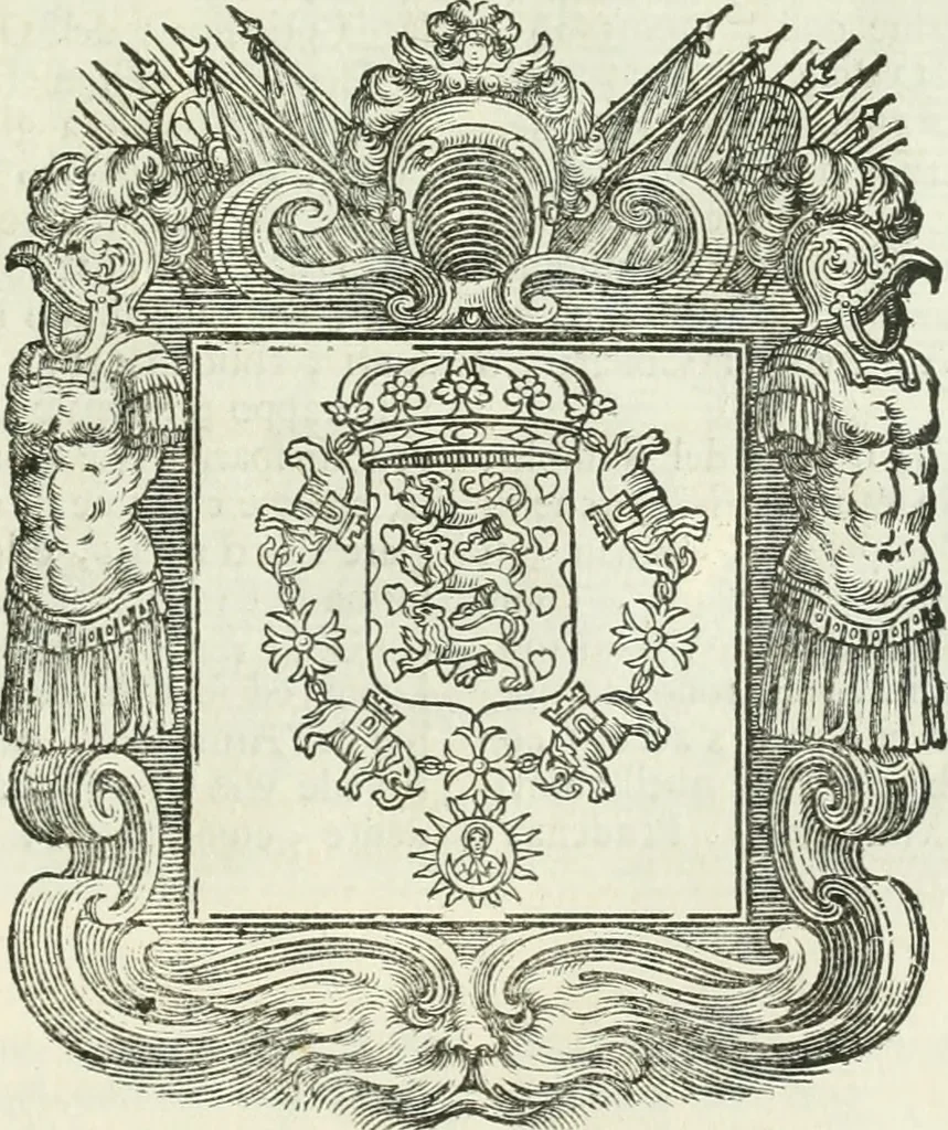An illustration from Historie cronologiche dell' origine degl' ordini militari e di tutte le religione caualleresche infino ad hora instituite nel mondo : insegne, croci, stendardi, habiti capitolari ò di ceremonia, statuti, e constituzioni di cadaun'ordine : guerre campali e nauali, azioni, fatti celebri, & imprese de caualieri; confederazioni, trattati, paci, & auuenimenti per difesa del Nome Christiano, e propagazione della fede cattolica : serie di tutti i prencipi gran maestri, ordini di dame, e degl' infedeli &c. con le loro diuise, 1692, leaf 336