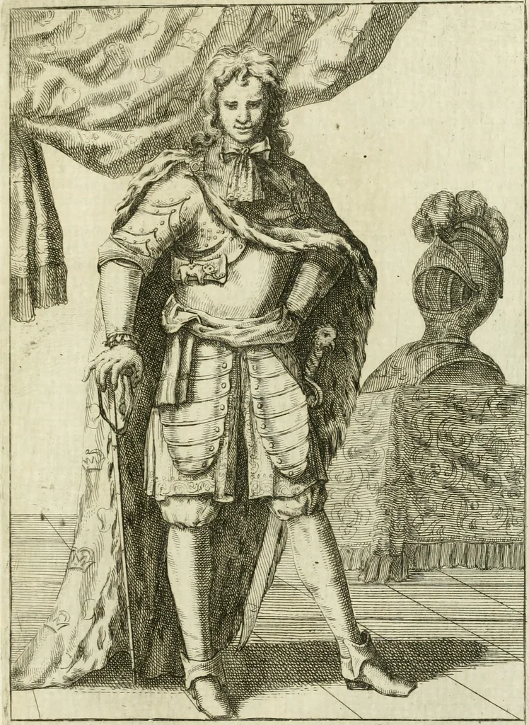 An illustration from Historie cronologiche dell' origine degl' ordini militari e di tutte le religione caualleresche infino ad hora instituite nel mondo : insegne, croci, stendardi, habiti capitolari ò di ceremonia, statuti, e constituzioni di cadaun'ordine : guerre campali e nauali, azioni, fatti celebri, & imprese de caualieri; confederazioni, trattati, paci, & auuenimenti per difesa del Nome Christiano, e propagazione della fede cattolica : serie di tutti i prencipi gran maestri, ordini di dame, e degl' infedeli &c. con le loro diuise, 1692, leaf 338
