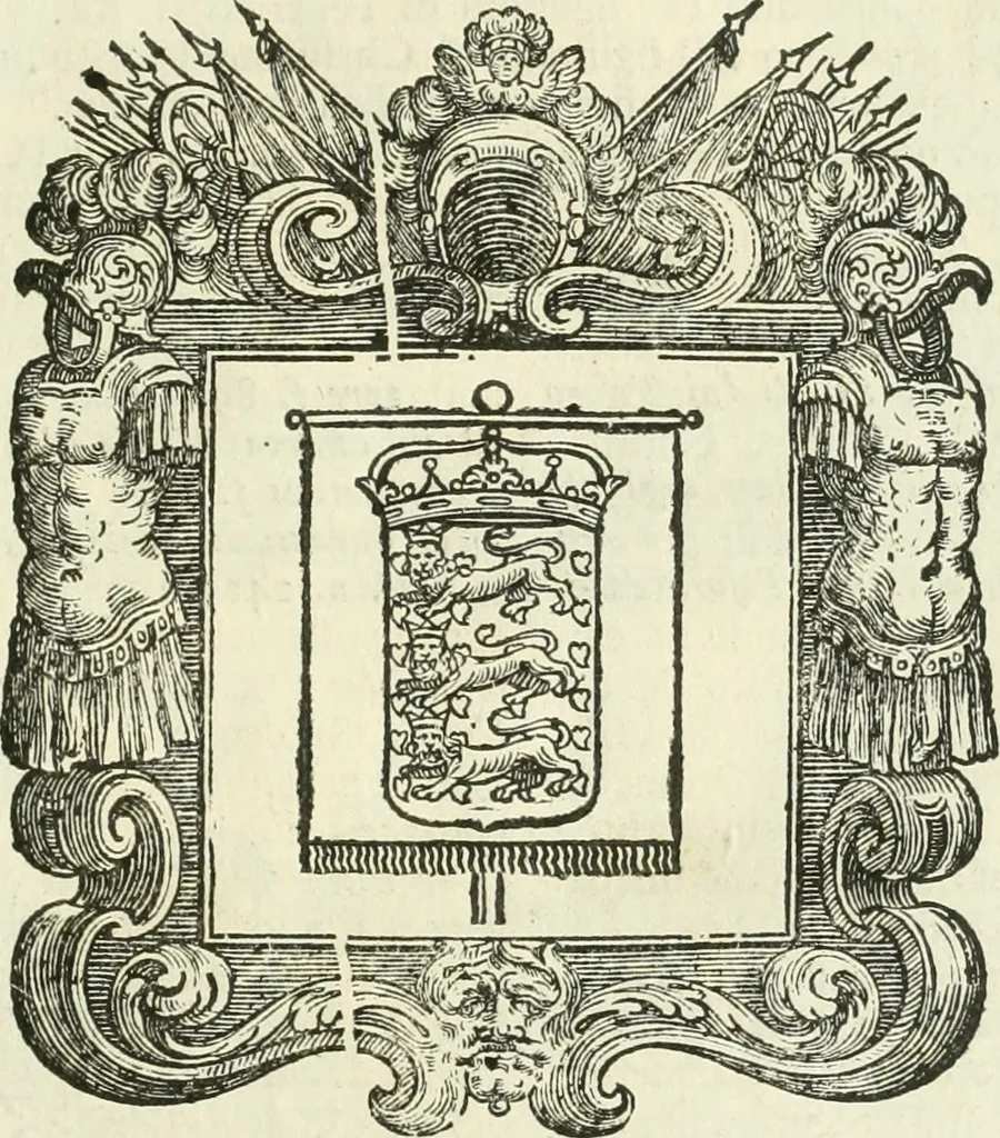 An illustration from Historie cronologiche dell' origine degl' ordini militari e di tutte le religione caualleresche infino ad hora instituite nel mondo : insegne, croci, stendardi, habiti capitolari ò di ceremonia, statuti, e constituzioni di cadaun'ordine : guerre campali e nauali, azioni, fatti celebri, & imprese de caualieri; confederazioni, trattati, paci, & auuenimenti per difesa del Nome Christiano, e propagazione della fede cattolica : serie di tutti i prencipi gran maestri, ordini di dame, e degl' infedeli &c. con le loro diuise, 1692, leaf 340