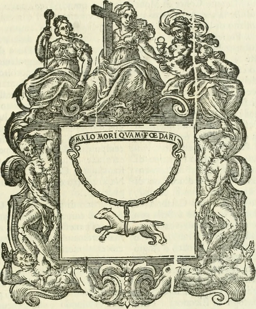 An illustration from Historie cronologiche dell' origine degl' ordini militari e di tutte le religione caualleresche infino ad hora instituite nel mondo : insegne, croci, stendardi, habiti capitolari ò di ceremonia, statuti, e constituzioni di cadaun'ordine : guerre campali e nauali, azioni, fatti celebri, & imprese de caualieri; confederazioni, trattati, paci, & auuenimenti per difesa del Nome Christiano, e propagazione della fede cattolica : serie di tutti i prencipi gran maestri, ordini di dame, e degl' infedeli &c. con le loro diuise, 1692, leaf 342