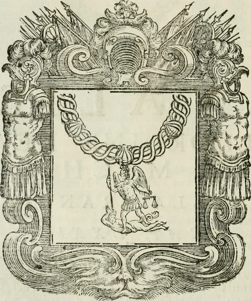 An illustration from Historie cronologiche dell' origine degl' ordini militari e di tutte le religione caualleresche infino ad hora instituite nel mondo : insegne, croci, stendardi, habiti capitolari ò di ceremonia, statuti, e constituzioni di cadaun'ordine : guerre campali e nauali, azioni, fatti celebri, & imprese de caualieri; confederazioni, trattati, paci, & auuenimenti per difesa del Nome Christiano, e propagazione della fede cattolica : serie di tutti i prencipi gran maestri, ordini di dame, e degl' infedeli &c. con le loro diuise, 1692, leaf 347