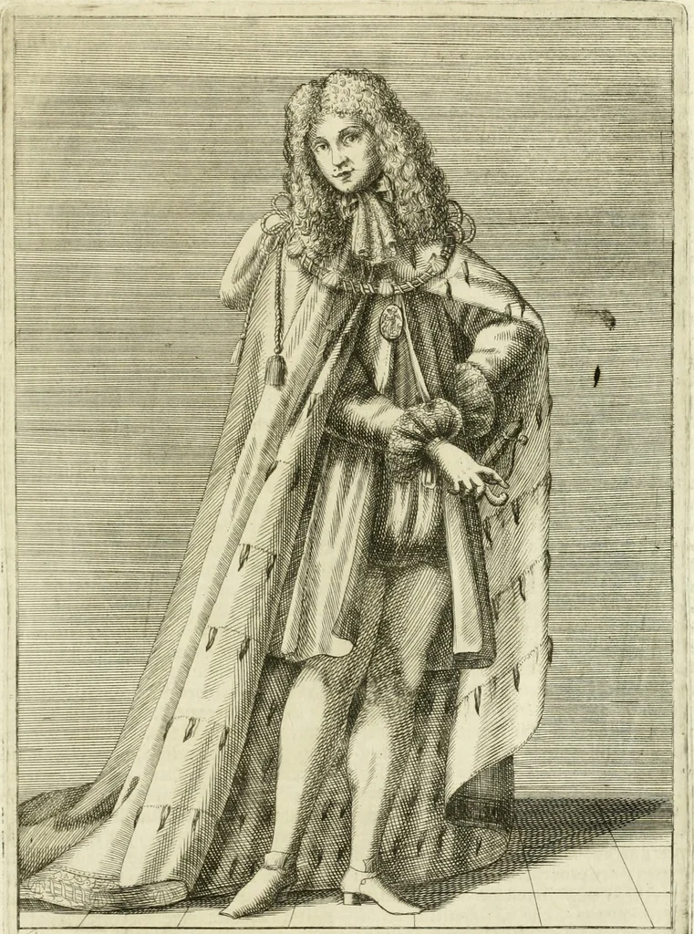 An illustration from Historie cronologiche dell' origine degl' ordini militari e di tutte le religione caualleresche infino ad hora instituite nel mondo : insegne, croci, stendardi, habiti capitolari ò di ceremonia, statuti, e constituzioni di cadaun'ordine : guerre campali e nauali, azioni, fatti celebri, & imprese de caualieri; confederazioni, trattati, paci, & auuenimenti per difesa del Nome Christiano, e propagazione della fede cattolica : serie di tutti i prencipi gran maestri, ordini di dame, e degl' infedeli &c. con le loro diuise, 1692, leaf 350