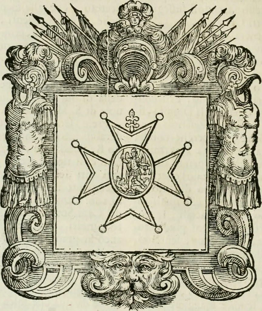 An illustration from Historie cronologiche dell' origine degl' ordini militari e di tutte le religione caualleresche infino ad hora instituite nel mondo : insegne, croci, stendardi, habiti capitolari ò di ceremonia, statuti, e constituzioni di cadaun'ordine : guerre campali e nauali, azioni, fatti celebri, & imprese de caualieri; confederazioni, trattati, paci, & auuenimenti per difesa del Nome Christiano, e propagazione della fede cattolica : serie di tutti i prencipi gran maestri, ordini di dame, e degl' infedeli &c. con le loro diuise, 1692, leaf 353