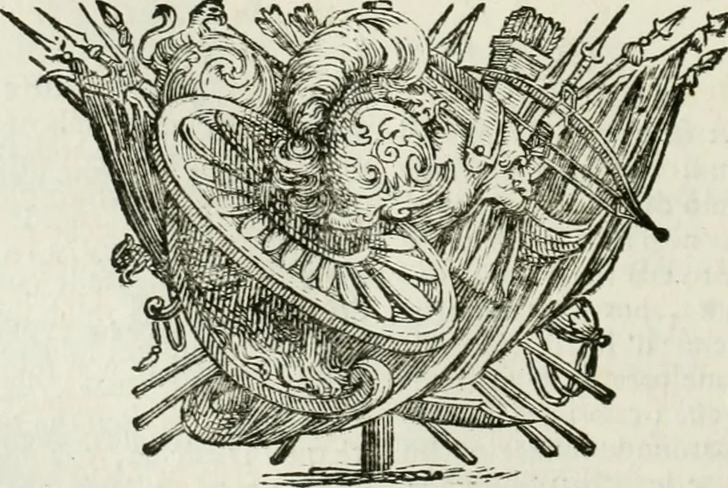 An illustration from Historie cronologiche dell' origine degl' ordini militari e di tutte le religione caualleresche infino ad hora instituite nel mondo : insegne, croci, stendardi, habiti capitolari ò di ceremonia, statuti, e constituzioni di cadaun'ordine : guerre campali e nauali, azioni, fatti celebri, & imprese de caualieri; confederazioni, trattati, paci, & auuenimenti per difesa del Nome Christiano, e propagazione della fede cattolica : serie di tutti i prencipi gran maestri, ordini di dame, e degl' infedeli &c. con le loro diuise, 1692, leaf 357