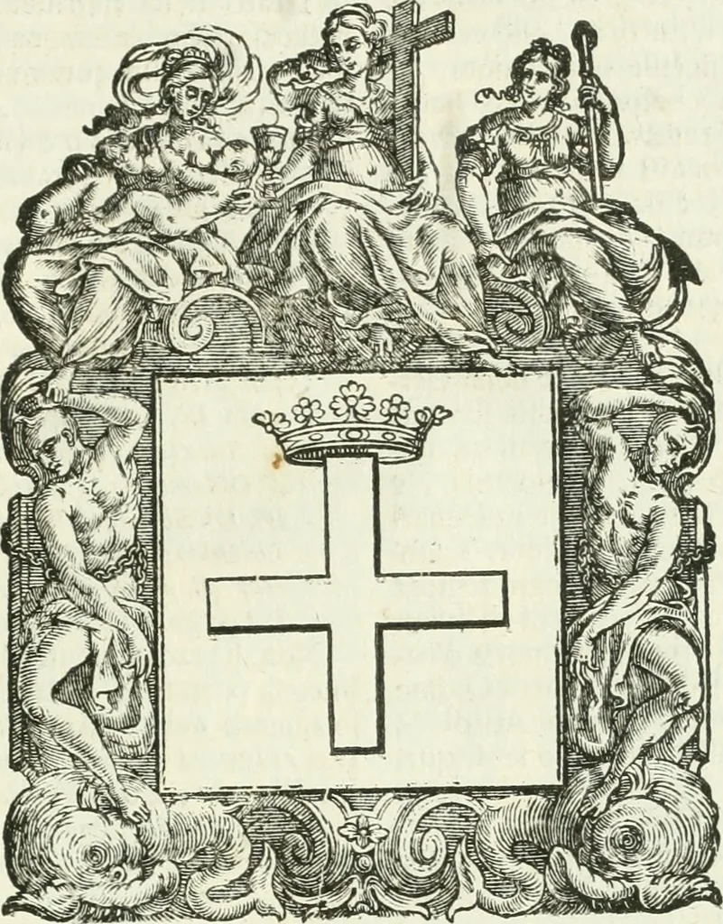 An illustration from Historie cronologiche dell' origine degl' ordini militari e di tutte le religione caualleresche infino ad hora instituite nel mondo : insegne, croci, stendardi, habiti capitolari ò di ceremonia, statuti, e constituzioni di cadaun'ordine : guerre campali e nauali, azioni, fatti celebri, & imprese de caualieri; confederazioni, trattati, paci, & auuenimenti per difesa del Nome Christiano, e propagazione della fede cattolica : serie di tutti i prencipi gran maestri, ordini di dame, e degl' infedeli &c. con le loro diuise, 1692, leaf 358