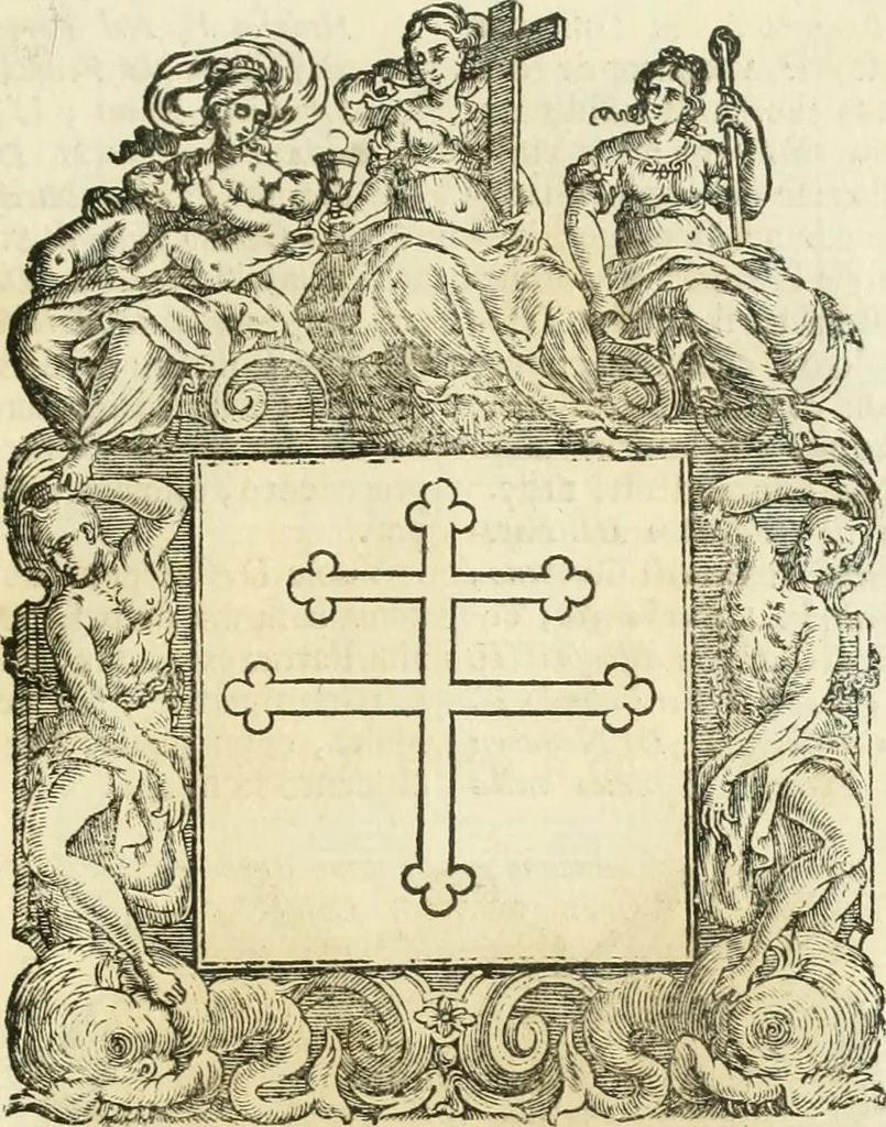 An illustration from Historie cronologiche dell' origine degl' ordini militari e di tutte le religione caualleresche infino ad hora instituite nel mondo : insegne, croci, stendardi, habiti capitolari ò di ceremonia, statuti, e constituzioni di cadaun'ordine : guerre campali e nauali, azioni, fatti celebri, & imprese de caualieri; confederazioni, trattati, paci, & auuenimenti per difesa del Nome Christiano, e propagazione della fede cattolica : serie di tutti i prencipi gran maestri, ordini di dame, e degl' infedeli &c. con le loro diuise, 1692, leaf 36