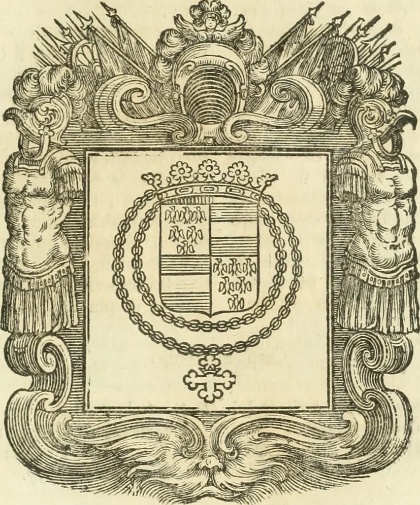 An illustration from Historie cronologiche dell' origine degl' ordini militari e di tutte le religione caualleresche infino ad hora instituite nel mondo : insegne, croci, stendardi, habiti capitolari ò di ceremonia, statuti, e constituzioni di cadaun'ordine : guerre campali e nauali, azioni, fatti celebri, & imprese de caualieri; confederazioni, trattati, paci, & auuenimenti per difesa del Nome Christiano, e propagazione della fede cattolica : serie di tutti i prencipi gran maestri, ordini di dame, e degl' infedeli &c. con le loro diuise, 1692, leaf 360