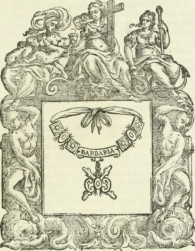 An illustration from Historie cronologiche dell' origine degl' ordini militari e di tutte le religione caualleresche infino ad hora instituite nel mondo : insegne, croci, stendardi, habiti capitolari ò di ceremonia, statuti, e constituzioni di cadaun'ordine : guerre campali e nauali, azioni, fatti celebri, & imprese de caualieri; confederazioni, trattati, paci, & auuenimenti per difesa del Nome Christiano, e propagazione della fede cattolica : serie di tutti i prencipi gran maestri, ordini di dame, e degl' infedeli &c. con le loro diuise, 1692, leaf 362