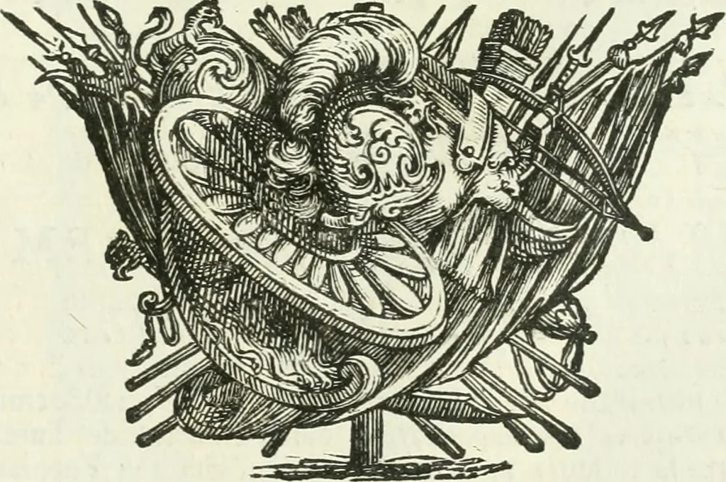 An illustration from Historie cronologiche dell' origine degl' ordini militari e di tutte le religione caualleresche infino ad hora instituite nel mondo : insegne, croci, stendardi, habiti capitolari ò di ceremonia, statuti, e constituzioni di cadaun'ordine : guerre campali e nauali, azioni, fatti celebri, & imprese de caualieri; confederazioni, trattati, paci, & auuenimenti per difesa del Nome Christiano, e propagazione della fede cattolica : serie di tutti i prencipi gran maestri, ordini di dame, e degl' infedeli &c. con le loro diuise, 1692, leaf 364