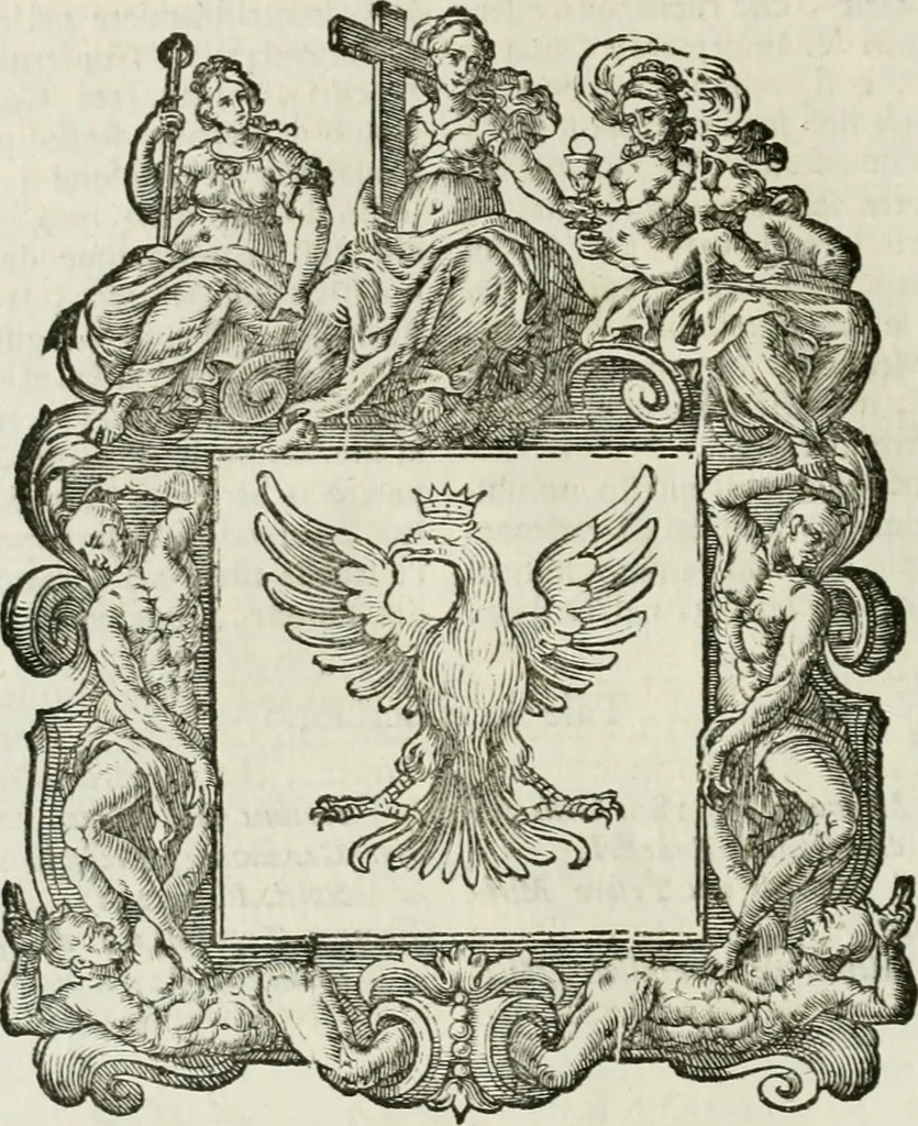 An illustration from Historie cronologiche dell' origine degl' ordini militari e di tutte le religione caualleresche infino ad hora instituite nel mondo : insegne, croci, stendardi, habiti capitolari ò di ceremonia, statuti, e constituzioni di cadaun'ordine : guerre campali e nauali, azioni, fatti celebri, & imprese de caualieri; confederazioni, trattati, paci, & auuenimenti per difesa del Nome Christiano, e propagazione della fede cattolica : serie di tutti i prencipi gran maestri, ordini di dame, e degl' infedeli &c. con le loro diuise, 1692, leaf 365