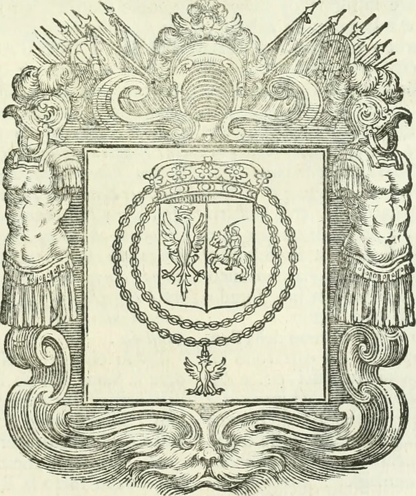 An illustration from Historie cronologiche dell' origine degl' ordini militari e di tutte le religione caualleresche infino ad hora instituite nel mondo : insegne, croci, stendardi, habiti capitolari ò di ceremonia, statuti, e constituzioni di cadaun'ordine : guerre campali e nauali, azioni, fatti celebri, & imprese de caualieri; confederazioni, trattati, paci, & auuenimenti per difesa del Nome Christiano, e propagazione della fede cattolica : serie di tutti i prencipi gran maestri, ordini di dame, e degl' infedeli &c. con le loro diuise, 1692, leaf 366