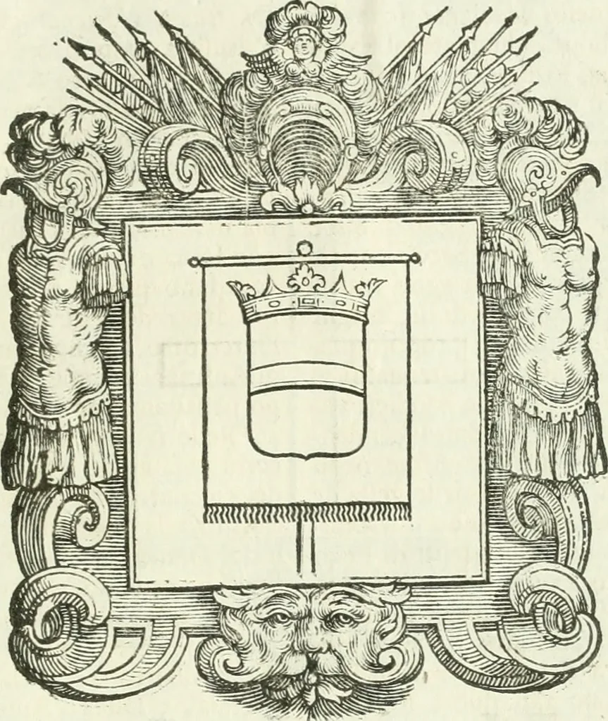 An illustration from Historie cronologiche dell' origine degl' ordini militari e di tutte le religione caualleresche infino ad hora instituite nel mondo : insegne, croci, stendardi, habiti capitolari ò di ceremonia, statuti, e constituzioni di cadaun'ordine : guerre campali e nauali, azioni, fatti celebri, & imprese de caualieri; confederazioni, trattati, paci, & auuenimenti per difesa del Nome Christiano, e propagazione della fede cattolica : serie di tutti i prencipi gran maestri, ordini di dame, e degl' infedeli &c. con le loro diuise, 1692, leaf 368