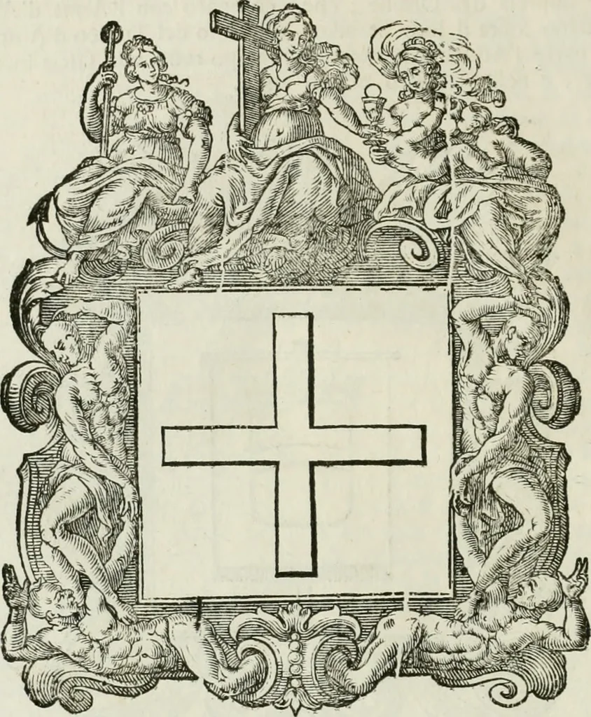 An illustration from Historie cronologiche dell' origine degl' ordini militari e di tutte le religione caualleresche infino ad hora instituite nel mondo : insegne, croci, stendardi, habiti capitolari ò di ceremonia, statuti, e constituzioni di cadaun'ordine : guerre campali e nauali, azioni, fatti celebri, & imprese de caualieri; confederazioni, trattati, paci, & auuenimenti per difesa del Nome Christiano, e propagazione della fede cattolica : serie di tutti i prencipi gran maestri, ordini di dame, e degl' infedeli &c. con le loro diuise, 1692, leaf 369