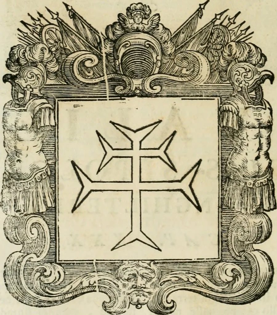 An illustration from Historie cronologiche dell' origine degl' ordini militari e di tutte le religione caualleresche infino ad hora instituite nel mondo : insegne, croci, stendardi, habiti capitolari ò di ceremonia, statuti, e constituzioni di cadaun'ordine : guerre campali e nauali, azioni, fatti celebri, & imprese de caualieri; confederazioni, trattati, paci, & auuenimenti per difesa del Nome Christiano, e propagazione della fede cattolica : serie di tutti i prencipi gran maestri, ordini di dame, e degl' infedeli &c. con le loro diuise, 1692, leaf 37