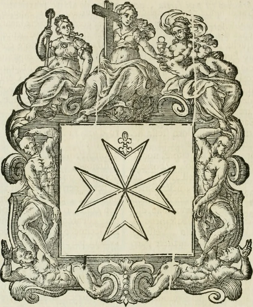 An illustration from Historie cronologiche dell' origine degl' ordini militari e di tutte le religione caualleresche infino ad hora instituite nel mondo : insegne, croci, stendardi, habiti capitolari ò di ceremonia, statuti, e constituzioni di cadaun'ordine : guerre campali e nauali, azioni, fatti celebri, & imprese de caualieri; confederazioni, trattati, paci, & auuenimenti per difesa del Nome Christiano, e propagazione della fede cattolica : serie di tutti i prencipi gran maestri, ordini di dame, e degl' infedeli &c. con le loro diuise, 1692, leaf 371