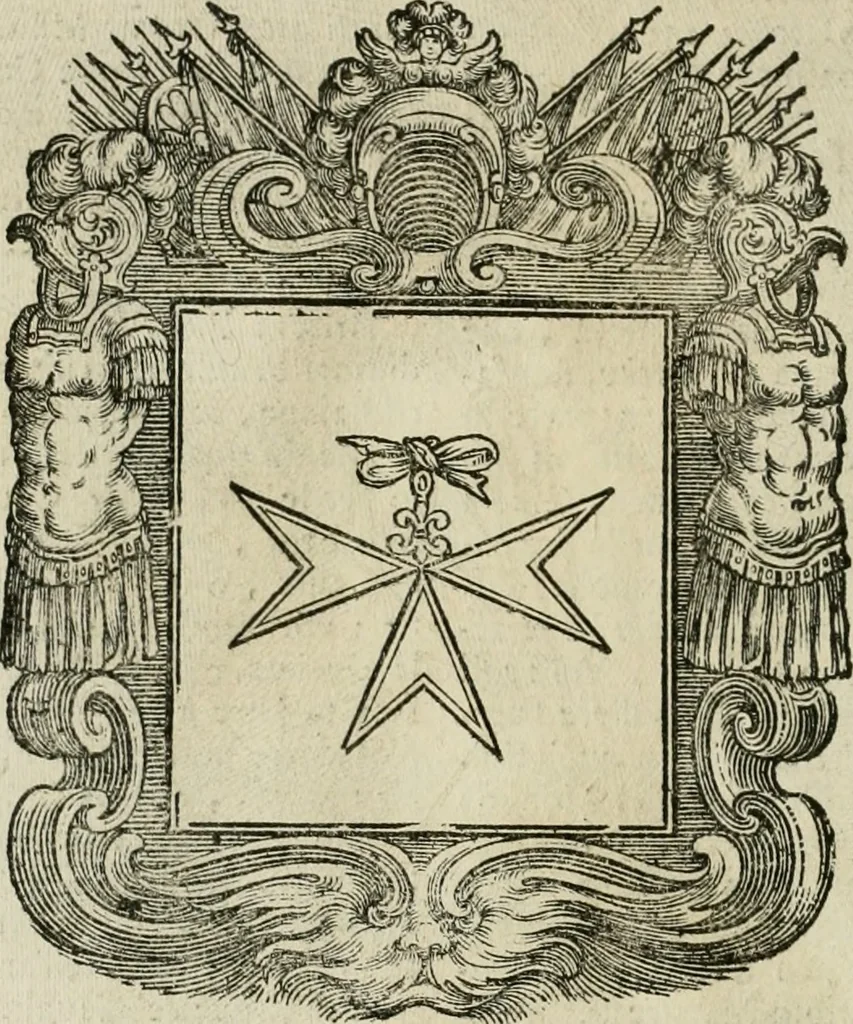 An illustration from Historie cronologiche dell' origine degl' ordini militari e di tutte le religione caualleresche infino ad hora instituite nel mondo : insegne, croci, stendardi, habiti capitolari ò di ceremonia, statuti, e constituzioni di cadaun'ordine : guerre campali e nauali, azioni, fatti celebri, & imprese de caualieri; confederazioni, trattati, paci, & auuenimenti per difesa del Nome Christiano, e propagazione della fede cattolica : serie di tutti i prencipi gran maestri, ordini di dame, e degl' infedeli &c. con le loro diuise, 1692, leaf 373