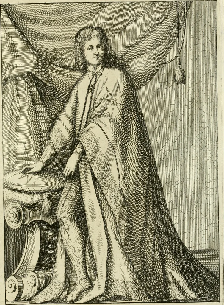 An illustration from Historie cronologiche dell' origine degl' ordini militari e di tutte le religione caualleresche infino ad hora instituite nel mondo : insegne, croci, stendardi, habiti capitolari ò di ceremonia, statuti, e constituzioni di cadaun'ordine : guerre campali e nauali, azioni, fatti celebri, & imprese de caualieri; confederazioni, trattati, paci, & auuenimenti per difesa del Nome Christiano, e propagazione della fede cattolica : serie di tutti i prencipi gran maestri, ordini di dame, e degl' infedeli &c. con le loro diuise, 1692, leaf 374