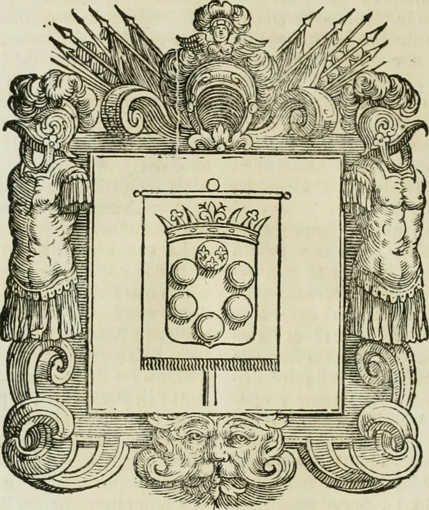 An illustration from Historie cronologiche dell' origine degl' ordini militari e di tutte le religione caualleresche infino ad hora instituite nel mondo : insegne, croci, stendardi, habiti capitolari ò di ceremonia, statuti, e constituzioni di cadaun'ordine : guerre campali e nauali, azioni, fatti celebri, & imprese de caualieri; confederazioni, trattati, paci, & auuenimenti per difesa del Nome Christiano, e propagazione della fede cattolica : serie di tutti i prencipi gran maestri, ordini di dame, e degl' infedeli &c. con le loro diuise, 1692, leaf 377