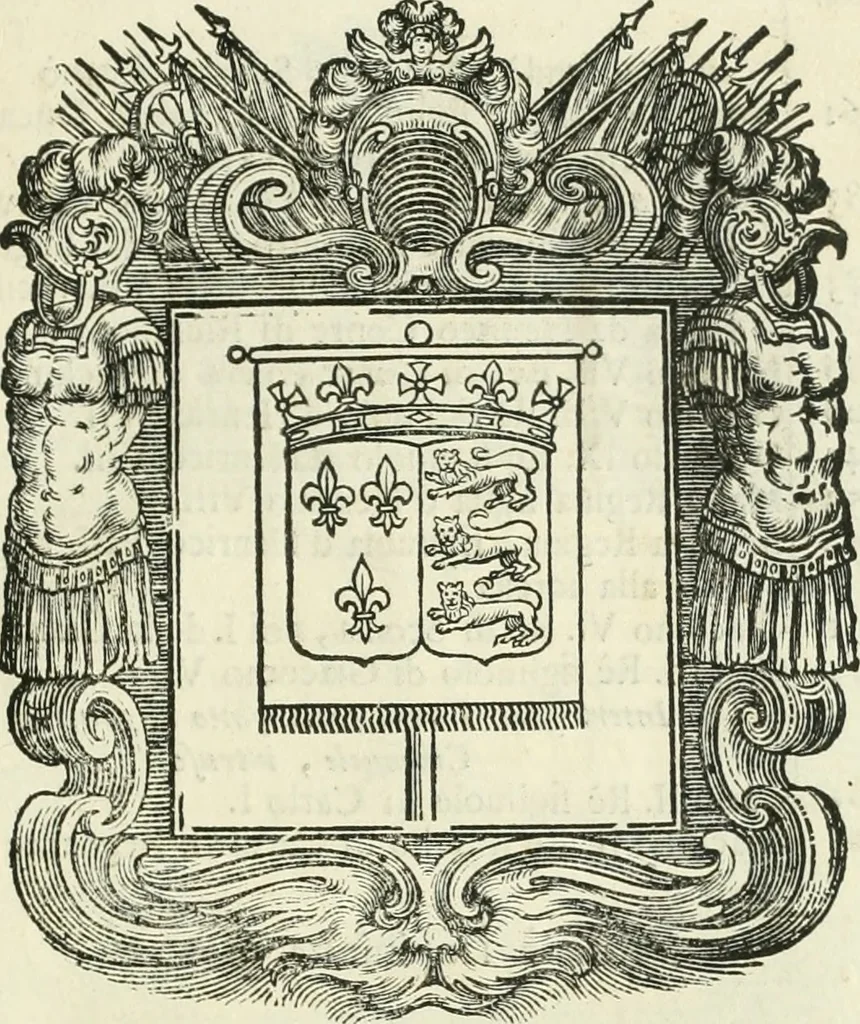 An illustration from Historie cronologiche dell' origine degl' ordini militari e di tutte le religione caualleresche infino ad hora instituite nel mondo : insegne, croci, stendardi, habiti capitolari ò di ceremonia, statuti, e constituzioni di cadaun'ordine : guerre campali e nauali, azioni, fatti celebri, & imprese de caualieri; confederazioni, trattati, paci, & auuenimenti per difesa del Nome Christiano, e propagazione della fede cattolica : serie di tutti i prencipi gran maestri, ordini di dame, e degl' infedeli &c. con le loro diuise, 1692, leaf 38