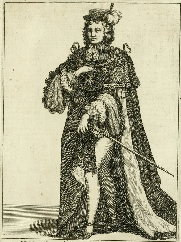 An illustration from Historie cronologiche dell' origine degl' ordini militari e di tutte le religione caualleresche infino ad hora instituite nel mondo : insegne, croci, stendardi, habiti capitolari ò di ceremonia, statuti, e constituzioni di cadaun'ordine : guerre campali e nauali, azioni, fatti celebri, & imprese de caualieri; confederazioni, trattati, paci, & auuenimenti per difesa del Nome Christiano, e propagazione della fede cattolica : serie di tutti i prencipi gran maestri, ordini di dame, e degl' infedeli &c. con le loro diuise, 1692, leaf 386