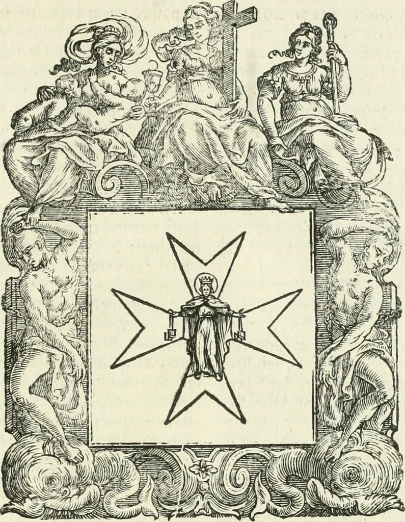 An illustration from Historie cronologiche dell' origine degl' ordini militari e di tutte le religione caualleresche infino ad hora instituite nel mondo : insegne, croci, stendardi, habiti capitolari ò di ceremonia, statuti, e constituzioni di cadaun'ordine : guerre campali e nauali, azioni, fatti celebri, & imprese de caualieri; confederazioni, trattati, paci, & auuenimenti per difesa del Nome Christiano, e propagazione della fede cattolica : serie di tutti i prencipi gran maestri, ordini di dame, e degl' infedeli &c. con le loro diuise, 1692, leaf 388