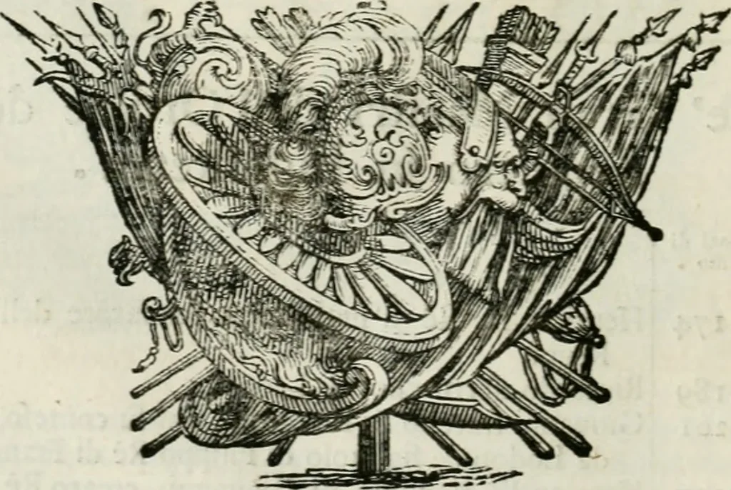 An illustration from Historie cronologiche dell' origine degl' ordini militari e di tutte le religione caualleresche infino ad hora instituite nel mondo : insegne, croci, stendardi, habiti capitolari ò di ceremonia, statuti, e constituzioni di cadaun'ordine : guerre campali e nauali, azioni, fatti celebri, & imprese de caualieri; confederazioni, trattati, paci, & auuenimenti per difesa del Nome Christiano, e propagazione della fede cattolica : serie di tutti i prencipi gran maestri, ordini di dame, e degl' infedeli &c. con le loro diuise, 1692, leaf 39