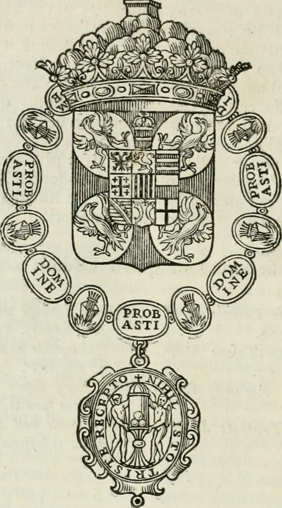 An illustration from Historie cronologiche dell' origine degl' ordini militari e di tutte le religione caualleresche infino ad hora instituite nel mondo : insegne, croci, stendardi, habiti capitolari ò di ceremonia, statuti, e constituzioni di cadaun'ordine : guerre campali e nauali, azioni, fatti celebri, & imprese de caualieri; confederazioni, trattati, paci, & auuenimenti per difesa del Nome Christiano, e propagazione della fede cattolica : serie di tutti i prencipi gran maestri, ordini di dame, e degl' infedeli &c. con le loro diuise, 1692, leaf 395