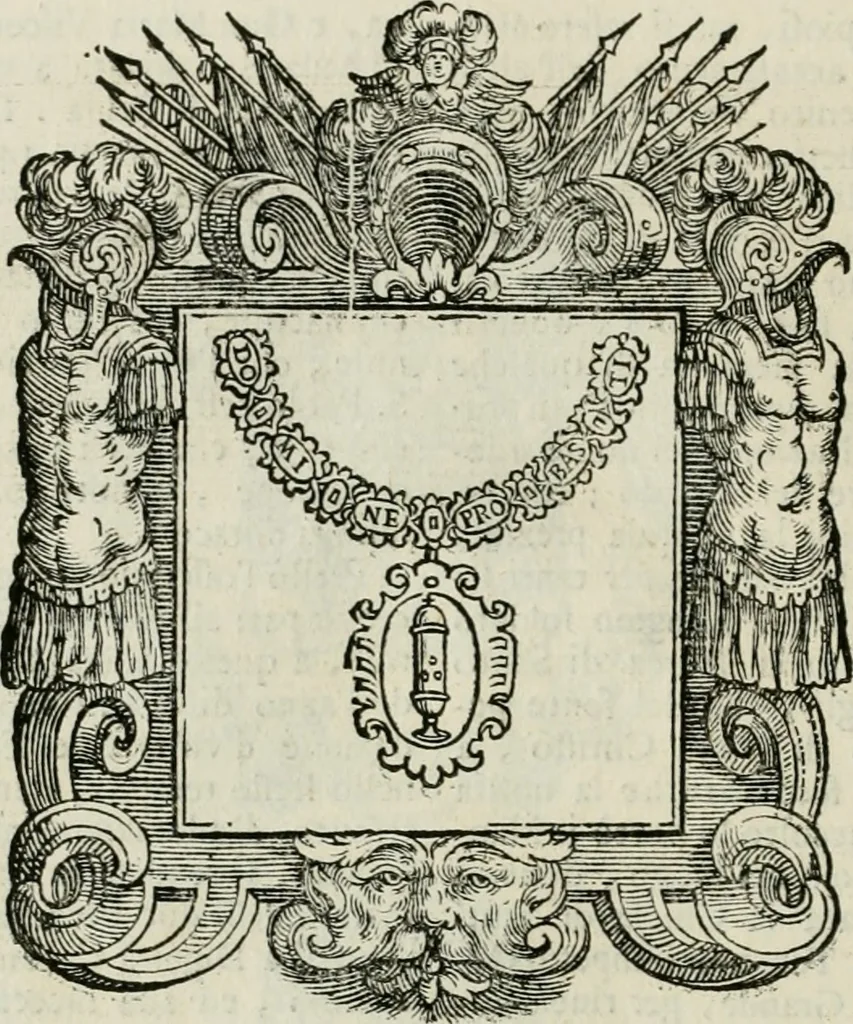 An illustration from Historie cronologiche dell' origine degl' ordini militari e di tutte le religione caualleresche infino ad hora instituite nel mondo : insegne, croci, stendardi, habiti capitolari ò di ceremonia, statuti, e constituzioni di cadaun'ordine : guerre campali e nauali, azioni, fatti celebri, & imprese de caualieri; confederazioni, trattati, paci, & auuenimenti per difesa del Nome Christiano, e propagazione della fede cattolica : serie di tutti i prencipi gran maestri, ordini di dame, e degl' infedeli &c. con le loro diuise, 1692, leaf 397