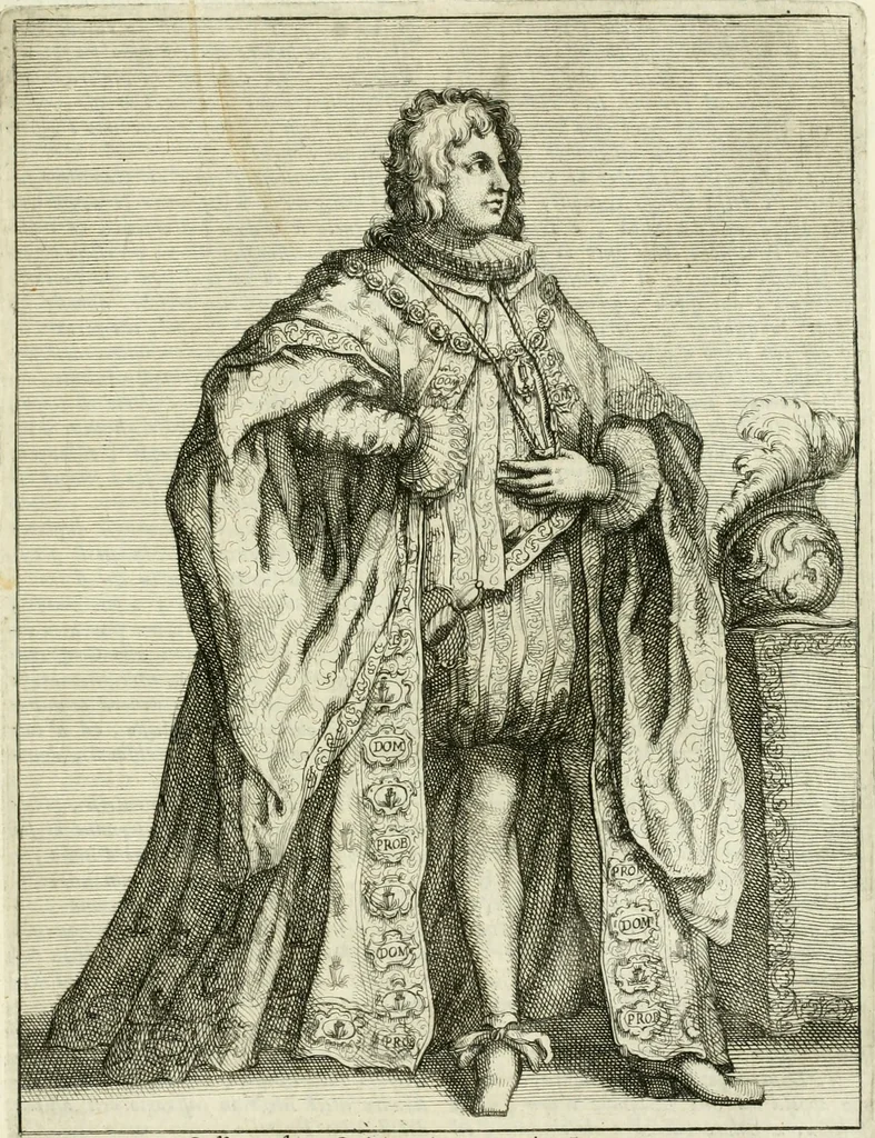 An illustration from Historie cronologiche dell' origine degl' ordini militari e di tutte le religione caualleresche infino ad hora instituite nel mondo : insegne, croci, stendardi, habiti capitolari ò di ceremonia, statuti, e constituzioni di cadaun'ordine : guerre campali e nauali, azioni, fatti celebri, & imprese de caualieri; confederazioni, trattati, paci, & auuenimenti per difesa del Nome Christiano, e propagazione della fede cattolica : serie di tutti i prencipi gran maestri, ordini di dame, e degl' infedeli &c. con le loro diuise, 1692, leaf 398