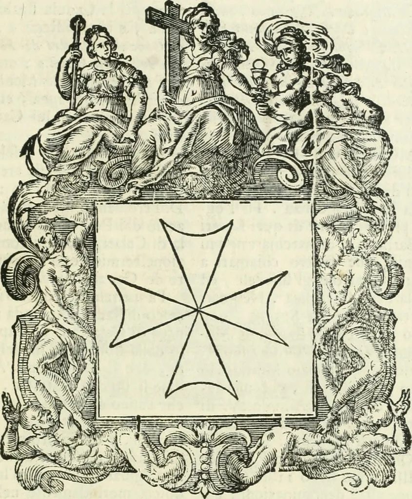 An illustration from Historie cronologiche dell' origine degl' ordini militari e di tutte le religione caualleresche infino ad hora instituite nel mondo : insegne, croci, stendardi, habiti capitolari ò di ceremonia, statuti, e constituzioni di cadaun'ordine : guerre campali e nauali, azioni, fatti celebri, & imprese de caualieri; confederazioni, trattati, paci, & auuenimenti per difesa del Nome Christiano, e propagazione della fede cattolica : serie di tutti i prencipi gran maestri, ordini di dame, e degl' infedeli &c. con le loro diuise, 1692, leaf 40
