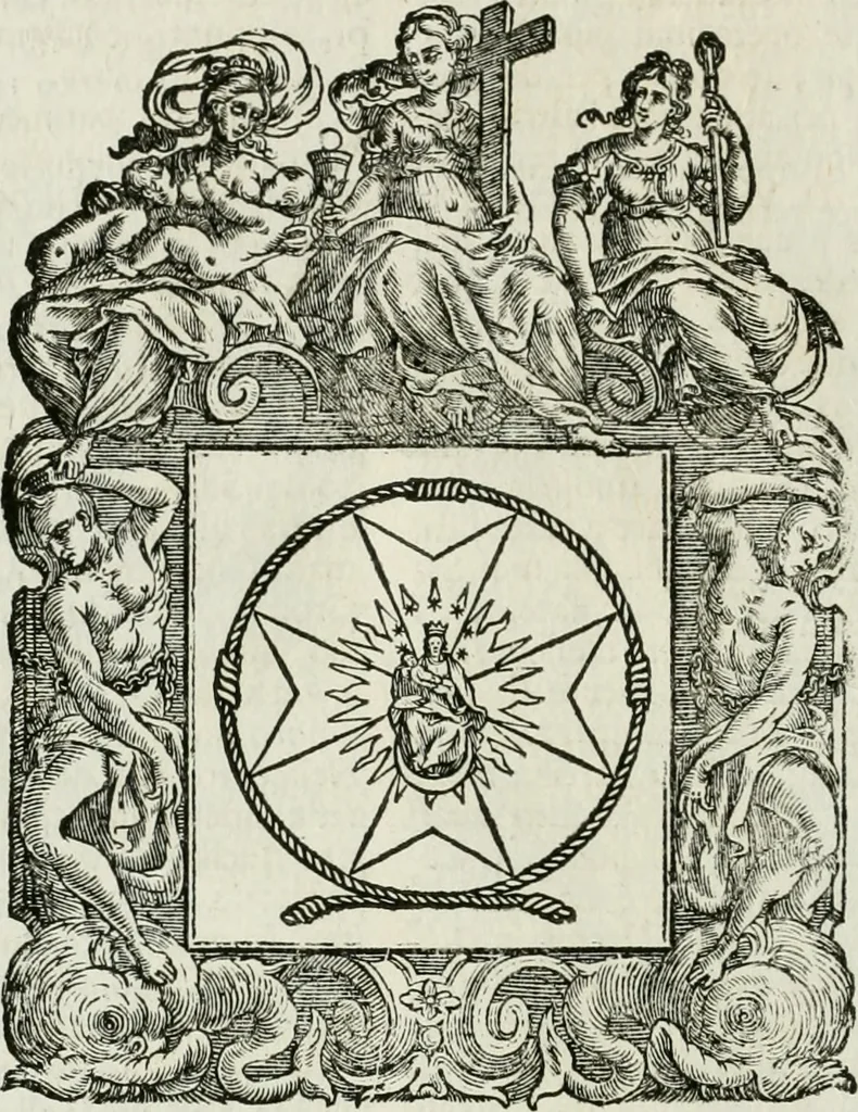 An illustration from Historie cronologiche dell' origine degl' ordini militari e di tutte le religione caualleresche infino ad hora instituite nel mondo : insegne, croci, stendardi, habiti capitolari ò di ceremonia, statuti, e constituzioni di cadaun'ordine : guerre campali e nauali, azioni, fatti celebri, & imprese de caualieri; confederazioni, trattati, paci, & auuenimenti per difesa del Nome Christiano, e propagazione della fede cattolica : serie di tutti i prencipi gran maestri, ordini di dame, e degl' infedeli &c. con le loro diuise, 1692, leaf 403