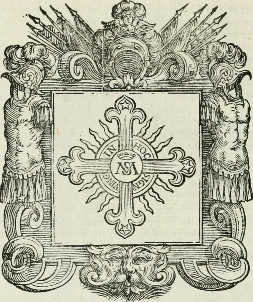 An illustration from Historie cronologiche dell' origine degl' ordini militari e di tutte le religione caualleresche infino ad hora instituite nel mondo : insegne, croci, stendardi, habiti capitolari ò di ceremonia, statuti, e constituzioni di cadaun'ordine : guerre campali e nauali, azioni, fatti celebri, & imprese de caualieri; confederazioni, trattati, paci, & auuenimenti per difesa del Nome Christiano, e propagazione della fede cattolica : serie di tutti i prencipi gran maestri, ordini di dame, e degl' infedeli &c. con le loro diuise, 1692, leaf 405