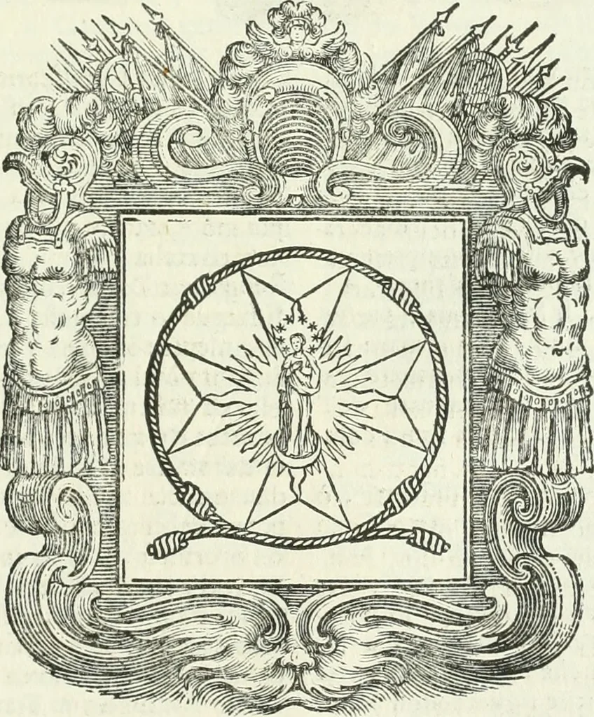 An illustration from Historie cronologiche dell' origine degl' ordini militari e di tutte le religione caualleresche infino ad hora instituite nel mondo : insegne, croci, stendardi, habiti capitolari ò di ceremonia, statuti, e constituzioni di cadaun'ordine : guerre campali e nauali, azioni, fatti celebri, & imprese de caualieri; confederazioni, trattati, paci, & auuenimenti per difesa del Nome Christiano, e propagazione della fede cattolica : serie di tutti i prencipi gran maestri, ordini di dame, e degl' infedeli &c. con le loro diuise, 1692, leaf 406