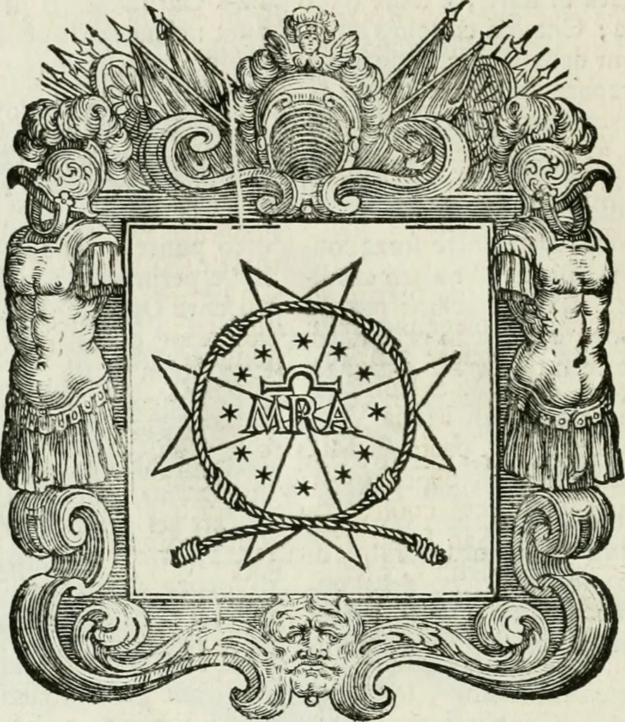 An illustration from Historie cronologiche dell' origine degl' ordini militari e di tutte le religione caualleresche infino ad hora instituite nel mondo : insegne, croci, stendardi, habiti capitolari ò di ceremonia, statuti, e constituzioni di cadaun'ordine : guerre campali e nauali, azioni, fatti celebri, & imprese de caualieri; confederazioni, trattati, paci, & auuenimenti per difesa del Nome Christiano, e propagazione della fede cattolica : serie di tutti i prencipi gran maestri, ordini di dame, e degl' infedeli &c. con le loro diuise, 1692, leaf 407