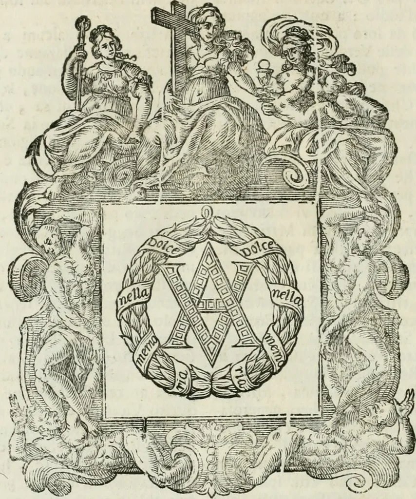 An illustration from Historie cronologiche dell' origine degl' ordini militari e di tutte le religione caualleresche infino ad hora instituite nel mondo : insegne, croci, stendardi, habiti capitolari ò di ceremonia, statuti, e constituzioni di cadaun'ordine : guerre campali e nauali, azioni, fatti celebri, & imprese de caualieri; confederazioni, trattati, paci, & auuenimenti per difesa del Nome Christiano, e propagazione della fede cattolica : serie di tutti i prencipi gran maestri, ordini di dame, e degl' infedeli &c. con le loro diuise, 1692, leaf 409