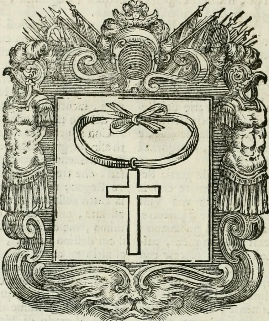 An illustration from Historie cronologiche dell' origine degl' ordini militari e di tutte le religione caualleresche infino ad hora instituite nel mondo : insegne, croci, stendardi, habiti capitolari ò di ceremonia, statuti, e constituzioni di cadaun'ordine : guerre campali e nauali, azioni, fatti celebri, & imprese de caualieri; confederazioni, trattati, paci, & auuenimenti per difesa del Nome Christiano, e propagazione della fede cattolica : serie di tutti i prencipi gran maestri, ordini di dame, e degl' infedeli &c. con le loro diuise, 1692, leaf 413