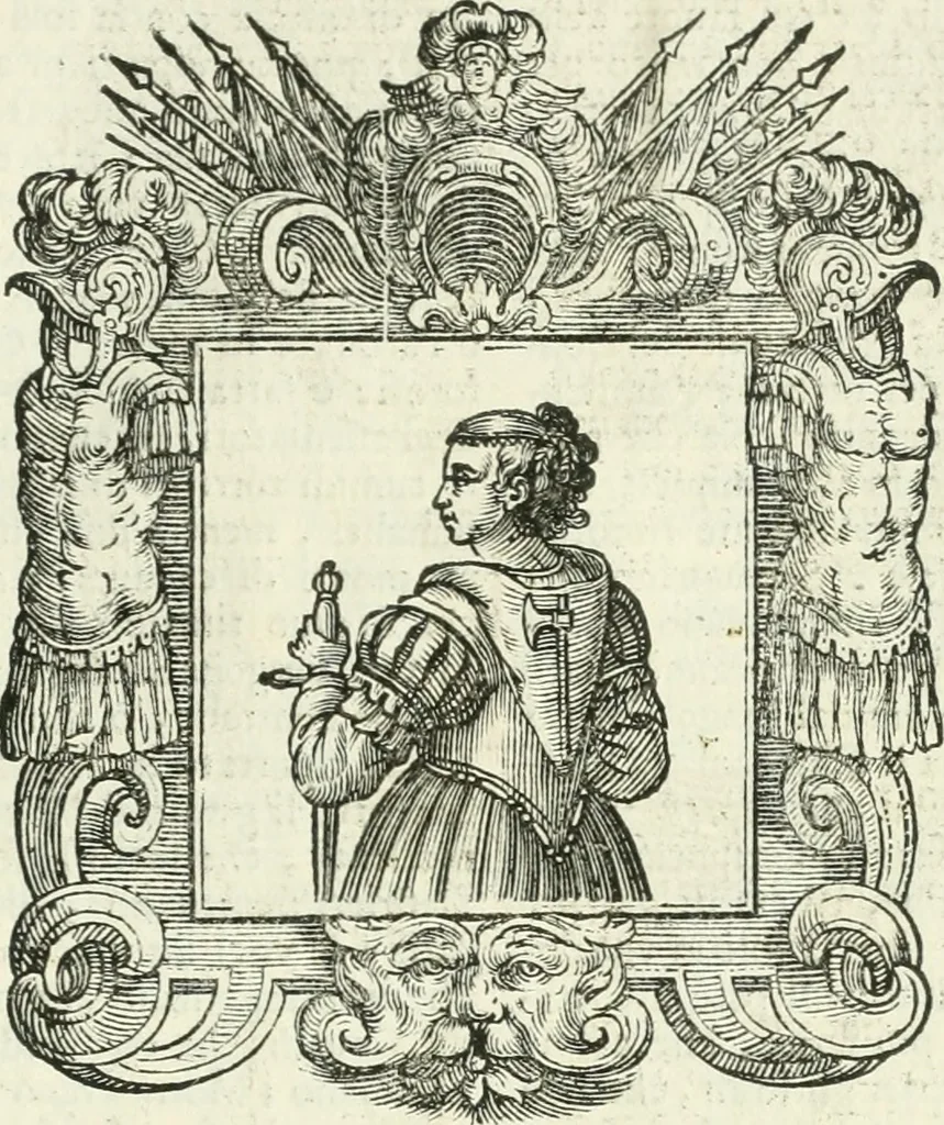 An illustration from Historie cronologiche dell' origine degl' ordini militari e di tutte le religione caualleresche infino ad hora instituite nel mondo : insegne, croci, stendardi, habiti capitolari ò di ceremonia, statuti, e constituzioni di cadaun'ordine : guerre campali e nauali, azioni, fatti celebri, & imprese de caualieri; confederazioni, trattati, paci, & auuenimenti per difesa del Nome Christiano, e propagazione della fede cattolica : serie di tutti i prencipi gran maestri, ordini di dame, e degl' infedeli &c. con le loro diuise, 1692, leaf 414
