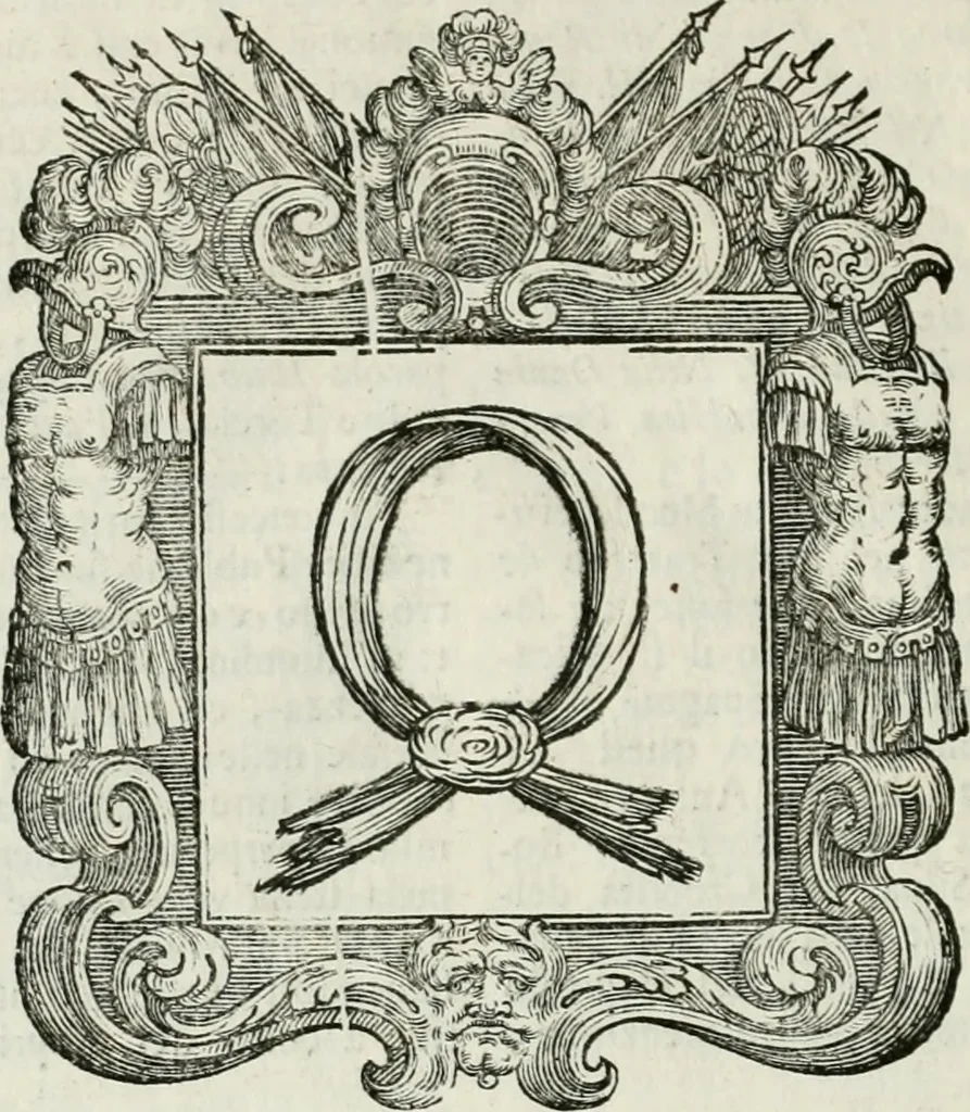 An illustration from Historie cronologiche dell' origine degl' ordini militari e di tutte le religione caualleresche infino ad hora instituite nel mondo : insegne, croci, stendardi, habiti capitolari ò di ceremonia, statuti, e constituzioni di cadaun'ordine : guerre campali e nauali, azioni, fatti celebri, & imprese de caualieri; confederazioni, trattati, paci, & auuenimenti per difesa del Nome Christiano, e propagazione della fede cattolica : serie di tutti i prencipi gran maestri, ordini di dame, e degl' infedeli &c. con le loro diuise, 1692, leaf 417