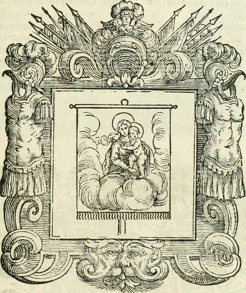An illustration from Historie cronologiche dell' origine degl' ordini militari e di tutte le religione caualleresche infino ad hora instituite nel mondo : insegne, croci, stendardi, habiti capitolari ò di ceremonia, statuti, e constituzioni di cadaun'ordine : guerre campali e nauali, azioni, fatti celebri, & imprese de caualieri; confederazioni, trattati, paci, & auuenimenti per difesa del Nome Christiano, e propagazione della fede cattolica : serie di tutti i prencipi gran maestri, ordini di dame, e degl' infedeli &c. con le loro diuise, 1692, leaf 42