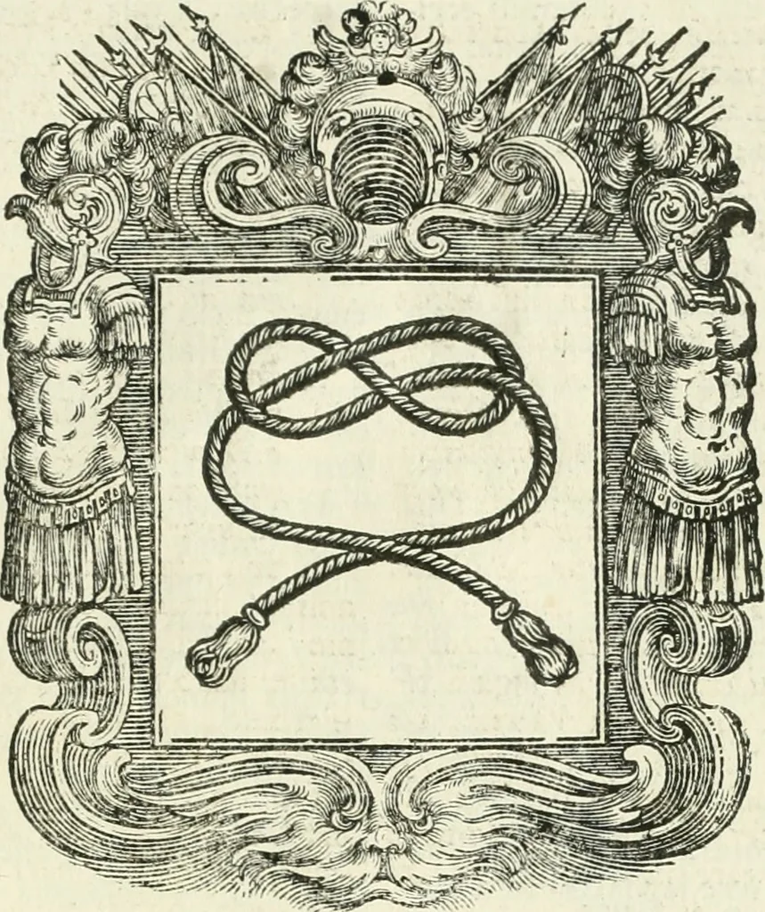 An illustration from Historie cronologiche dell' origine degl' ordini militari e di tutte le religione caualleresche infino ad hora instituite nel mondo : insegne, croci, stendardi, habiti capitolari ò di ceremonia, statuti, e constituzioni di cadaun'ordine : guerre campali e nauali, azioni, fatti celebri, & imprese de caualieri; confederazioni, trattati, paci, & auuenimenti per difesa del Nome Christiano, e propagazione della fede cattolica : serie di tutti i prencipi gran maestri, ordini di dame, e degl' infedeli &c. con le loro diuise, 1692, leaf 420