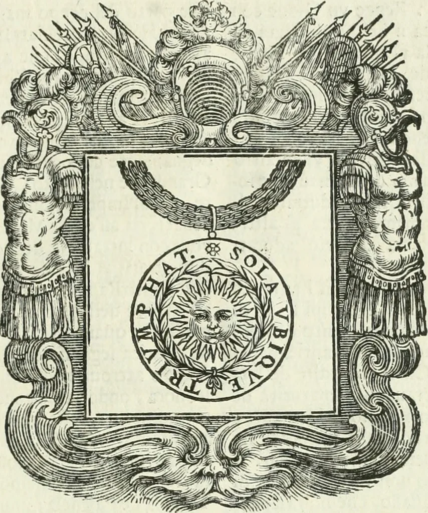 An illustration from Historie cronologiche dell' origine degl' ordini militari e di tutte le religione caualleresche infino ad hora instituite nel mondo : insegne, croci, stendardi, habiti capitolari ò di ceremonia, statuti, e constituzioni di cadaun'ordine : guerre campali e nauali, azioni, fatti celebri, & imprese de caualieri; confederazioni, trattati, paci, & auuenimenti per difesa del Nome Christiano, e propagazione della fede cattolica : serie di tutti i prencipi gran maestri, ordini di dame, e degl' infedeli &c. con le loro diuise, 1692, leaf 424