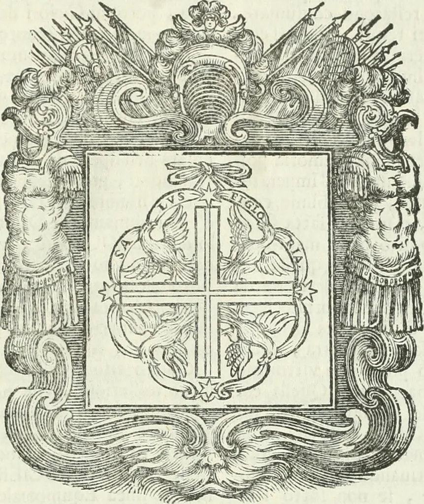 An illustration from Historie cronologiche dell' origine degl' ordini militari e di tutte le religione caualleresche infino ad hora instituite nel mondo : insegne, croci, stendardi, habiti capitolari ò di ceremonia, statuti, e constituzioni di cadaun'ordine : guerre campali e nauali, azioni, fatti celebri, & imprese de caualieri; confederazioni, trattati, paci, & auuenimenti per difesa del Nome Christiano, e propagazione della fede cattolica : serie di tutti i prencipi gran maestri, ordini di dame, e degl' infedeli &c. con le loro diuise, 1692, leaf 428