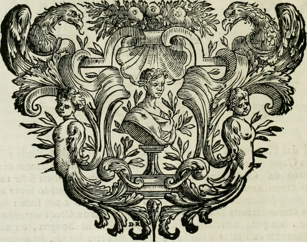 An illustration from Historie cronologiche dell' origine degl' ordini militari e di tutte le religione caualleresche infino ad hora instituite nel mondo : insegne, croci, stendardi, habiti capitolari ò di ceremonia, statuti, e constituzioni di cadaun'ordine : guerre campali e nauali, azioni, fatti celebri, & imprese de caualieri; confederazioni, trattati, paci, & auuenimenti per difesa del Nome Christiano, e propagazione della fede cattolica : serie di tutti i prencipi gran maestri, ordini di dame, e degl' infedeli &c. con le loro diuise, 1692, leaf 43