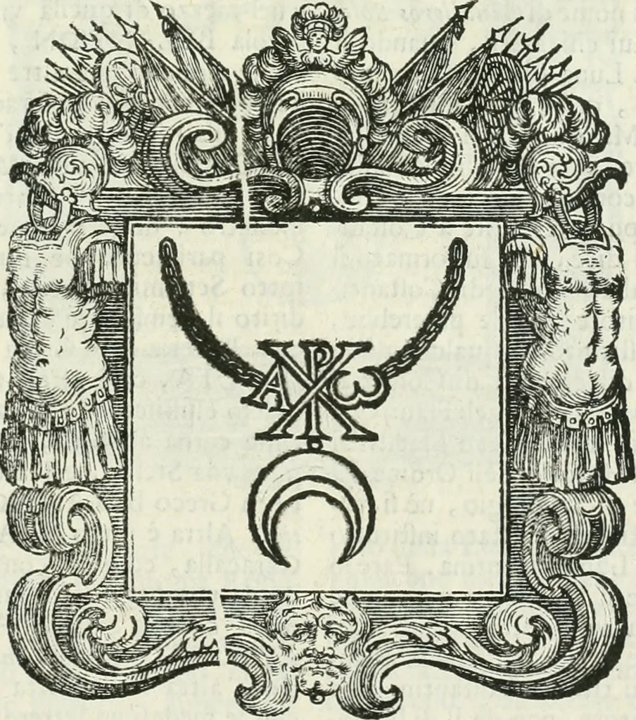 An illustration from Historie cronologiche dell' origine degl' ordini militari e di tutte le religione caualleresche infino ad hora instituite nel mondo : insegne, croci, stendardi, habiti capitolari ò di ceremonia, statuti, e constituzioni di cadaun'ordine : guerre campali e nauali, azioni, fatti celebri, & imprese de caualieri; confederazioni, trattati, paci, & auuenimenti per difesa del Nome Christiano, e propagazione della fede cattolica : serie di tutti i prencipi gran maestri, ordini di dame, e degl' infedeli &c. con le loro diuise, 1692, leaf 432