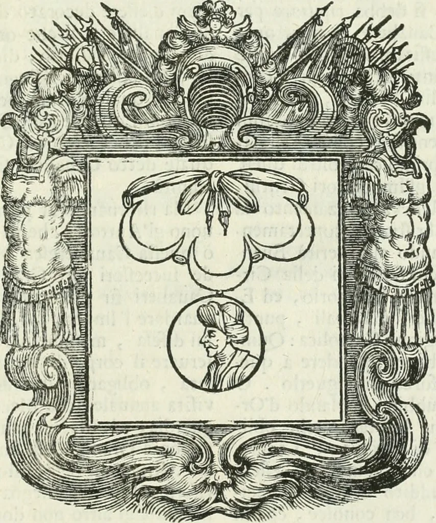 An illustration from Historie cronologiche dell' origine degl' ordini militari e di tutte le religione caualleresche infino ad hora instituite nel mondo : insegne, croci, stendardi, habiti capitolari ò di ceremonia, statuti, e constituzioni di cadaun'ordine : guerre campali e nauali, azioni, fatti celebri, & imprese de caualieri; confederazioni, trattati, paci, & auuenimenti per difesa del Nome Christiano, e propagazione della fede cattolica : serie di tutti i prencipi gran maestri, ordini di dame, e degl' infedeli &c. con le loro diuise, 1692, leaf 434