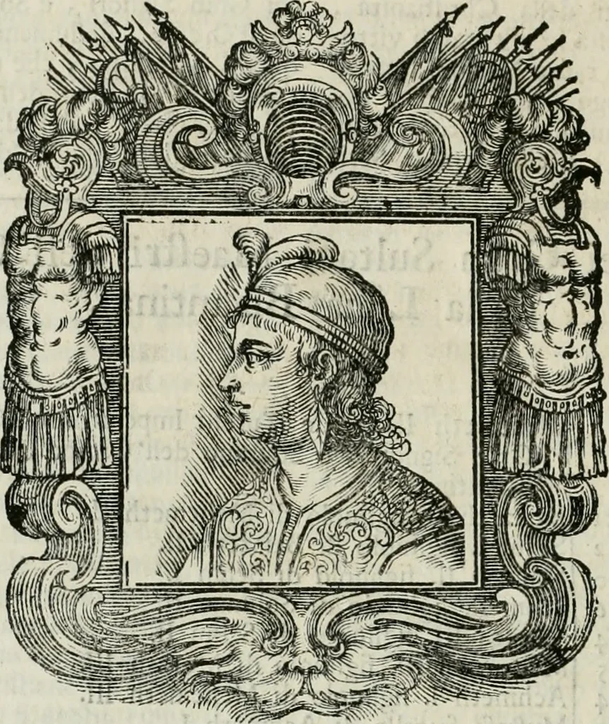An illustration from Historie cronologiche dell' origine degl' ordini militari e di tutte le religione caualleresche infino ad hora instituite nel mondo : insegne, croci, stendardi, habiti capitolari ò di ceremonia, statuti, e constituzioni di cadaun'ordine : guerre campali e nauali, azioni, fatti celebri, & imprese de caualieri; confederazioni, trattati, paci, & auuenimenti per difesa del Nome Christiano, e propagazione della fede cattolica : serie di tutti i prencipi gran maestri, ordini di dame, e degl' infedeli &c. con le loro diuise, 1692, leaf 437