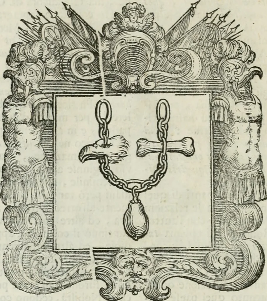 An illustration from Historie cronologiche dell' origine degl' ordini militari e di tutte le religione caualleresche infino ad hora instituite nel mondo : insegne, croci, stendardi, habiti capitolari ò di ceremonia, statuti, e constituzioni di cadaun'ordine : guerre campali e nauali, azioni, fatti celebri, & imprese de caualieri; confederazioni, trattati, paci, & auuenimenti per difesa del Nome Christiano, e propagazione della fede cattolica : serie di tutti i prencipi gran maestri, ordini di dame, e degl' infedeli &c. con le loro diuise, 1692, leaf 439