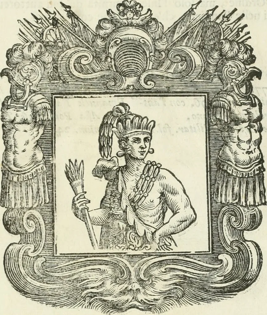 An illustration from Historie cronologiche dell' origine degl' ordini militari e di tutte le religione caualleresche infino ad hora instituite nel mondo : insegne, croci, stendardi, habiti capitolari ò di ceremonia, statuti, e constituzioni di cadaun'ordine : guerre campali e nauali, azioni, fatti celebri, & imprese de caualieri; confederazioni, trattati, paci, & auuenimenti per difesa del Nome Christiano, e propagazione della fede cattolica : serie di tutti i prencipi gran maestri, ordini di dame, e degl' infedeli &c. con le loro diuise, 1692, leaf 440